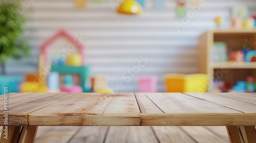 Wooden tabletop with a blurred background of a colorful playroom.