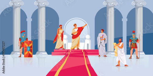 Rome emperor throne. Ancient roman emperor inside castle palace or pantheon building with stone columns, caesar and soldiers characters historic empire recent vector illustration