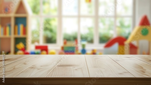 Wooden table top with blurred background of colorful children's toys and bookshelf.