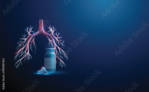 Bottle and medical pills in front of red futuristic human bronchial tree. Lungs deseases, medical treatment and pharmacy concept Low poly