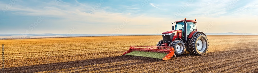 Obraz premium Automated diesel tractor planting seeds in a vast field, smart farming equipment at work, expansive agricultural scene