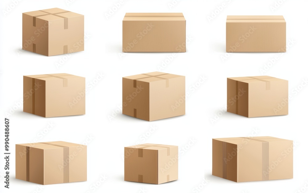 A set of brown cardboard boxes stacked, simple packaging concept, photorealistic style, isolated on white background A set of brown cardboard boxes stacked, simple packaging concept, photorealistic style, isolated on white background