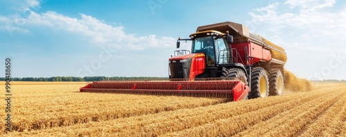 Close-up of heavy-duty threshing equipment in action, precision technology processing crops, dynamic farming scene
