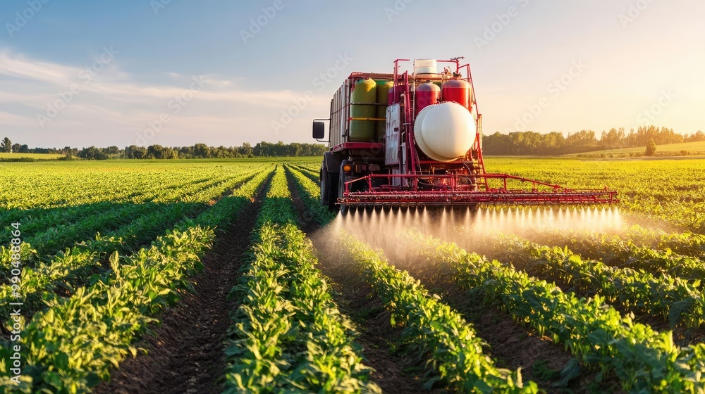 Farm vehicle spraying pesticide over vast crop fields, cargo loaded with pesticide tanks, detailed rural landscape under clear skies Farm vehicle spraying pesticide over vast crop fields, cargo loaded with pesticide tanks, detailed rural landscape under clear skies