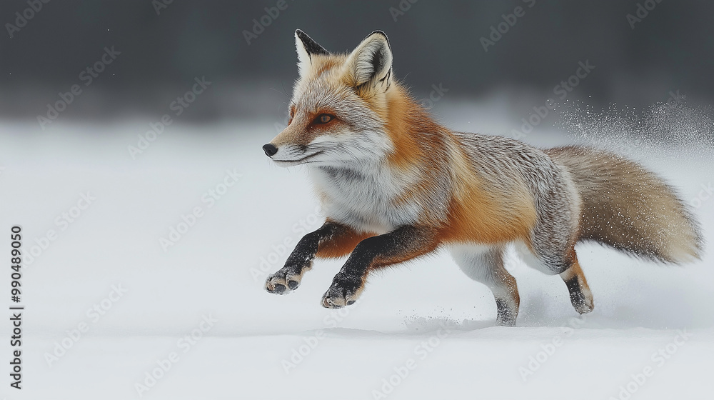 Fototapeta premium A running fox in snow area.