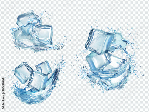 Ice cube splashes. Icy cubes with freezed water stream splash, frozen liquid wave flow spray 3d freeze crystal square iced aqua block splashing, realistic exact vector illustration
