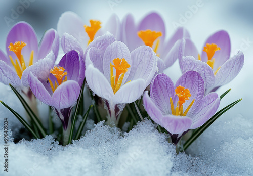 Blooming Crocus Flowers in the Snow: Purple and White Floral Scene