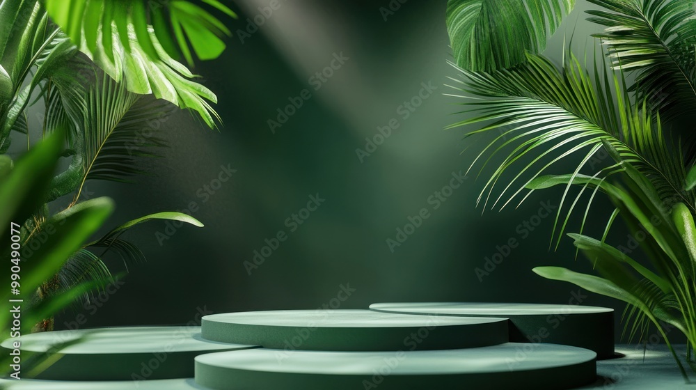 Green podium with tropical leaves and sunbeams for product display.