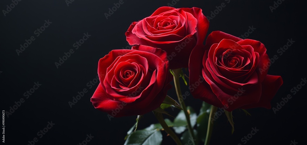 Obraz premium Close-up of three vibrant red roses against a black background, ultra-realistic detail, 8K resolution, rich color contrast, elegant and romantic floral scene