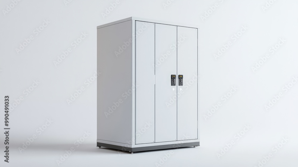 White Metal Cabinet with Two Doors and Locking Mechanisms