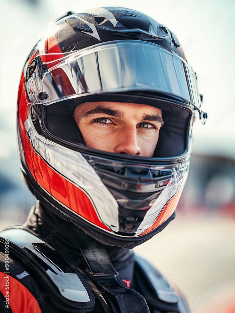a professional racer in a helmet, with a partially open visor, against the background of a race track a professional racer in a helmet, with a partially open visor, against the background of a race track
