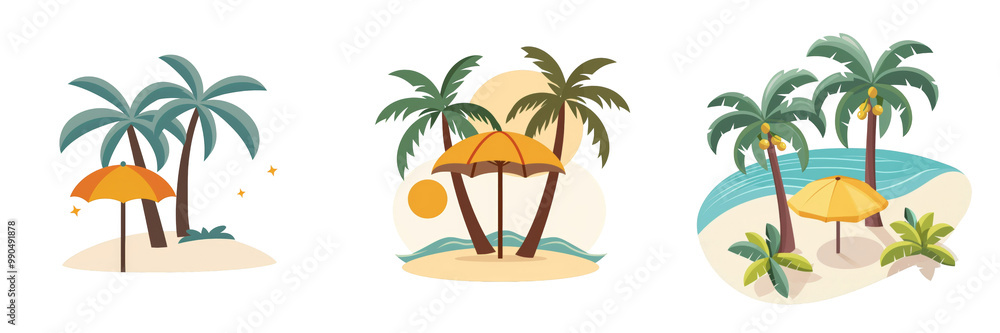 Three different beach scenes with palm trees and umbrellas Three different beach scenes with palm trees and umbrellas