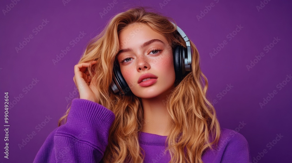 Woman with Blonde Hair Wearing Headphones and Purple Sweater Woman with Blonde Hair Wearing Headphones and Purple Sweater