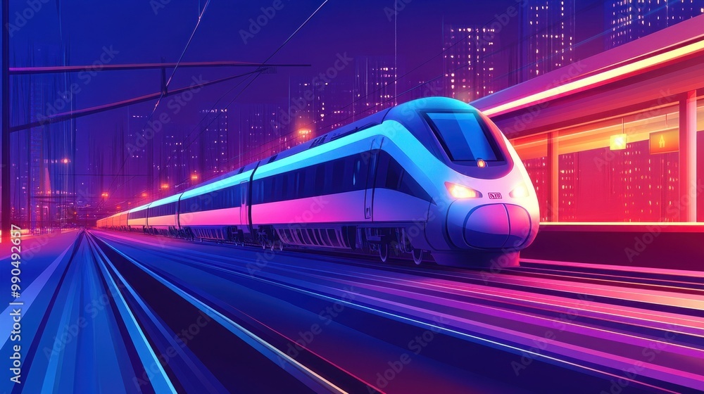 Fototapeta premium A modern high-speed train speeds through a city at night, illuminated by neon lights.