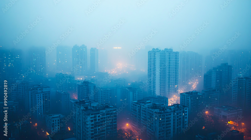 Dense City Blanketed in Smog at Dusk Dense City Blanketed in Smog at Dusk