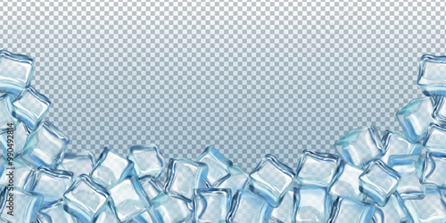 Realistic ice cubes background. Frosty frame backdrop transparent frozen crystal cube, refreshing freeze facet iced block arctic cooler refrigerate drink, exact vector illustration