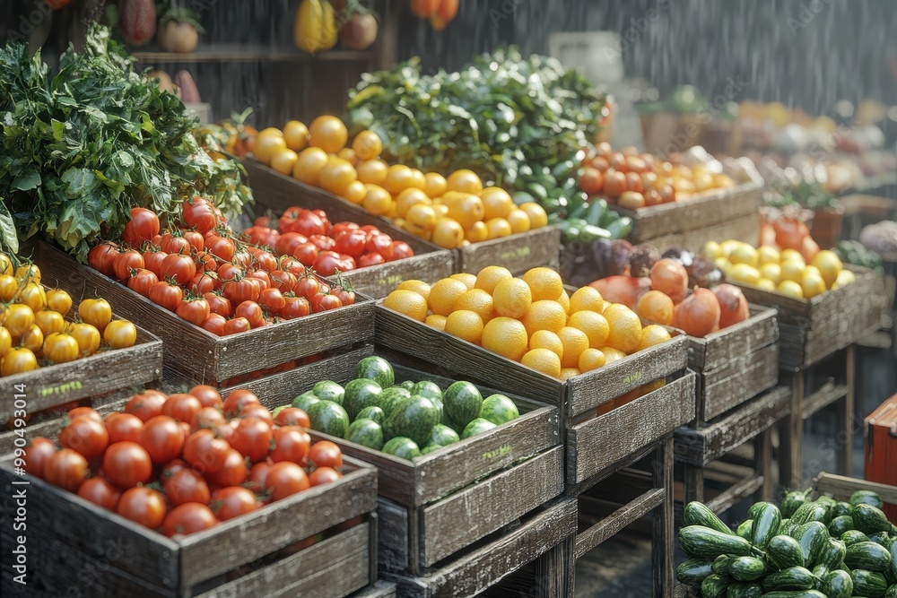 Freshly harvested vegetables arranged in wooden crates at a market, enhanced by a gentle rain offering a vibrant atmosphere. Freshly harvested vegetables arranged in wooden crates at a market, enhanced by a gentle rain offering a vibrant atmosphere.
