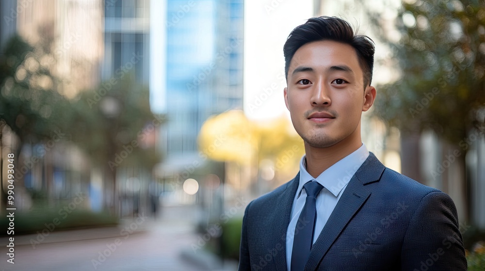 Young Asian businessman in a tailored suit, confidently standing outdoors with a blurry background of a modern business district. Natural light enhances his professional look. Young Asian businessman in a tailored suit, confidently standing outdoors with a blurry background of a modern business district. Natural light enhances his professional look.