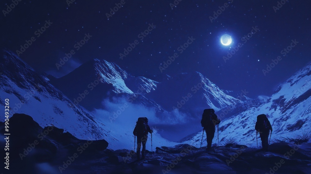Fototapeta premium Three hikers silhouetted against a backdrop of snow-capped mountains under a starry sky and full moon.