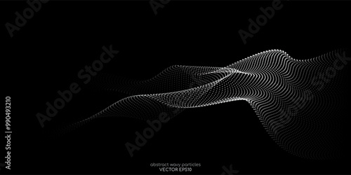 Flowing dots particles wave pattern 3D curve halftone grey gradient curve shape isolated on black background. Vector in concept of technology, science, music, modern.