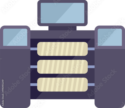 Industrial bread baking machine working at high temperature in bakery shop, modern automated equipment for baking industry