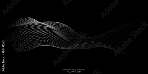 Flowing dots particles wave pattern 3D curve halftone grey gradient curve shape isolated on black background. Vector in concept of technology, science, music, modern.