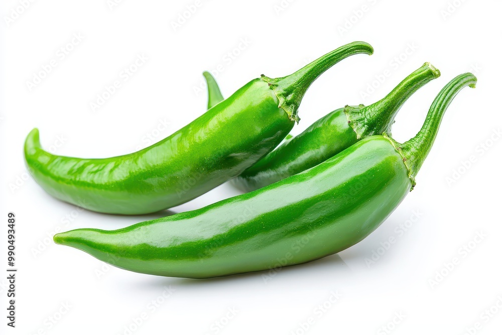 Fresh green peppers lined up in a close-up view, isolated on a clean white background, showcasing their natural shine and texture. Fresh green peppers lined up in a close-up view, isolated on a clean white background, showcasing their natural shine and texture.