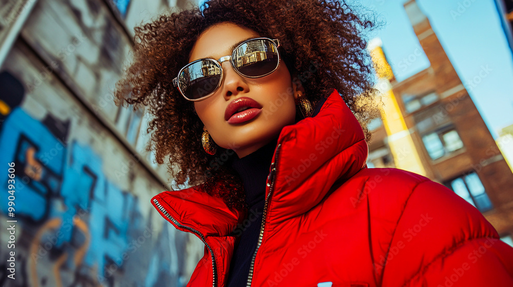 Confident Model Posing in Vibrant Streetwear Style Confident Model Posing in Vibrant Streetwear Style