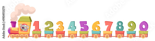 Cute cartoon train toy with numbers from 1 to 0 isolated on white background. Education math content for children in kindergarten. Vector illustration