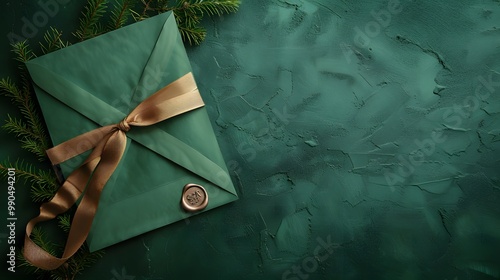 Elegant green envelope containing a blank card, adorned with a wax seal and ribbon, placed on a green background