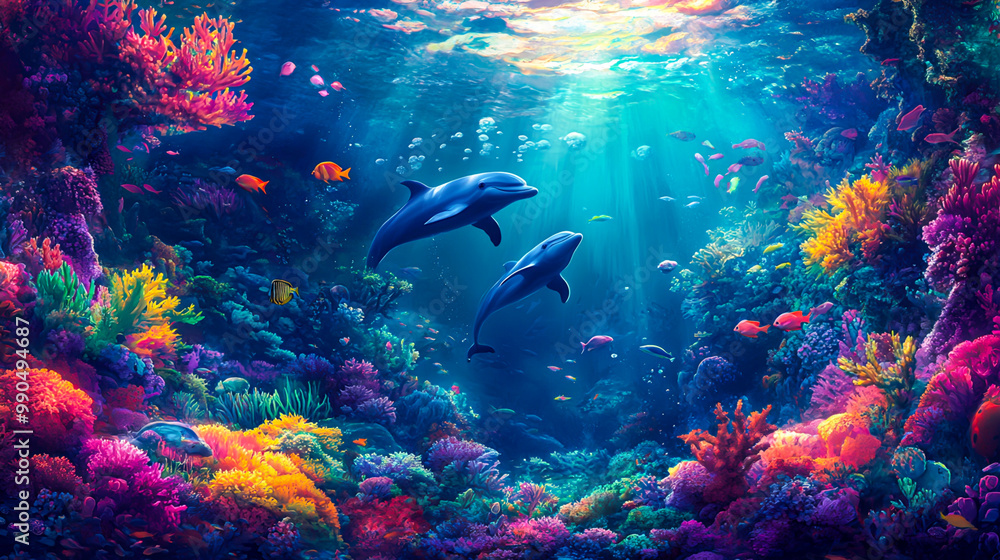 Fototapeta premium Colorful Underwater World with Dolphins and Coral