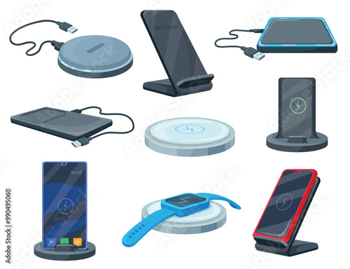 Wireless charger. Mobile chargers for air charging phone connection, iot gadget future device cable smartphone battery charge station power energy, cartoon neat vector illustration