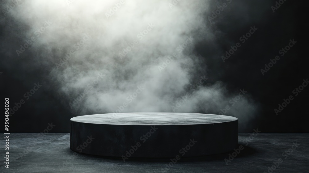Black cylindrical podium with smoke and spotlight on dark grey background. Black cylindrical podium with smoke and spotlight on dark grey background.