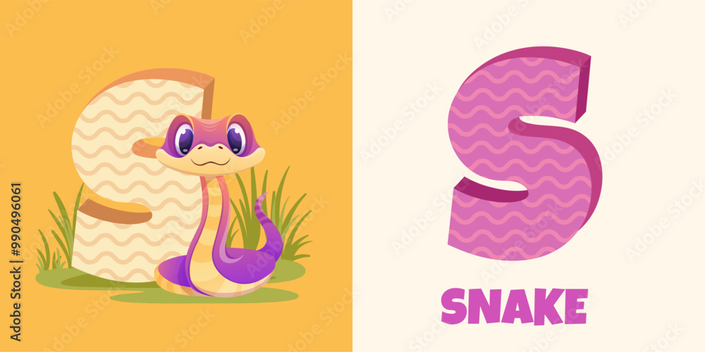 Cute snake together with the letter S. Children's alphabet set. Educational card or poster, postcard for kids in kindergarten. Vector illustration Cute snake together with the letter S. Children's alphabet set. Educational card or poster, postcard for kids in kindergarten. Vector illustration