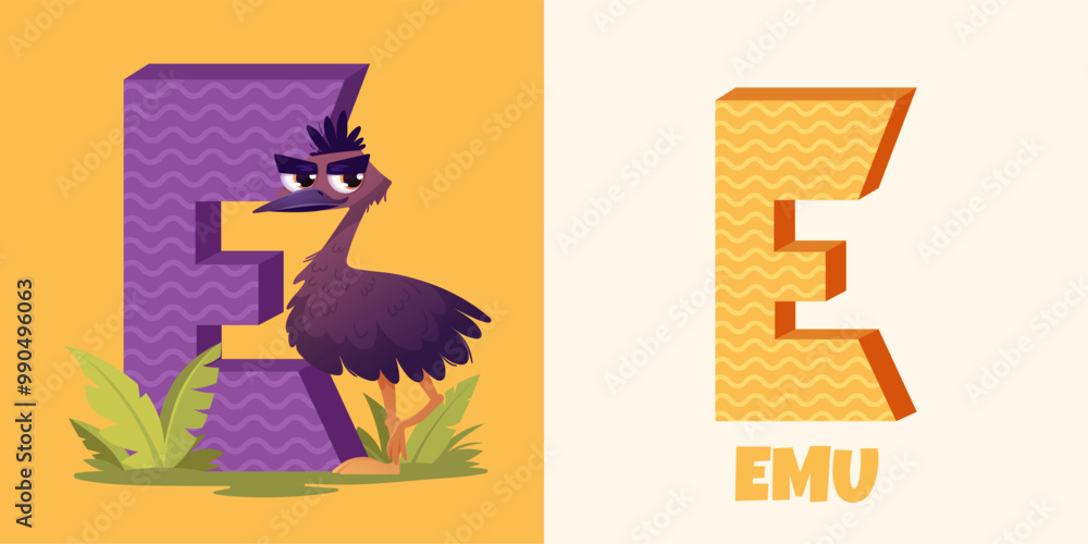 English alphabet with cute animals. Funny cartoon Emu and the letter E. ABC design in a colorful style, vector illustration for poster, banner and educational materials English alphabet with cute animals. Funny cartoon Emu and the letter E. ABC design in a colorful style, vector illustration for poster, banner and educational materials