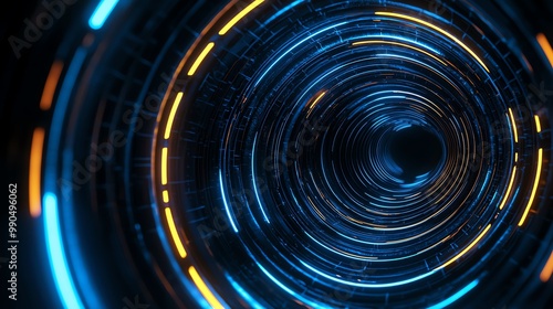 Futuristic tunnel with glowing lights in blue and orange, creating a sense of depth and motion.