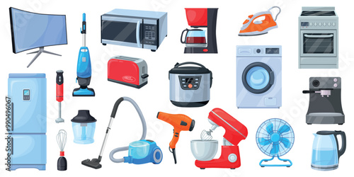 Cartoon household electronic appliances. Home appliance domestic kitchen devices, refrigerator microwave stove oven washing machine television, technology neat vector illustration