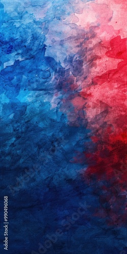 Patriotic Blue Background. Red and Blue Watercolor Ombre Art for Banner or Card Decoration