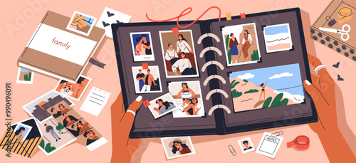 Family photo album open in hands. Holding scrapbook with memory photographs, organizing pictures, designing photography book, memo journal, creative diary with shots. Flat vector illustration