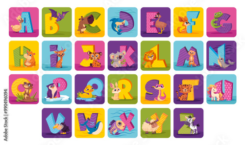 English alphabet letters with cute animals. Cute kids ABC vector alphabet with little animals. Print for children education, home or kindergarten, fabric, paper, card, t shirt, poster, textile