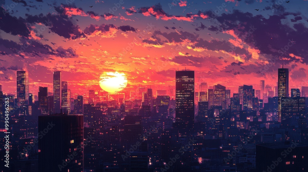 Obraz premium Sunset over a city skyline with tall buildings, illuminated windows, and a bright sun in the sky.