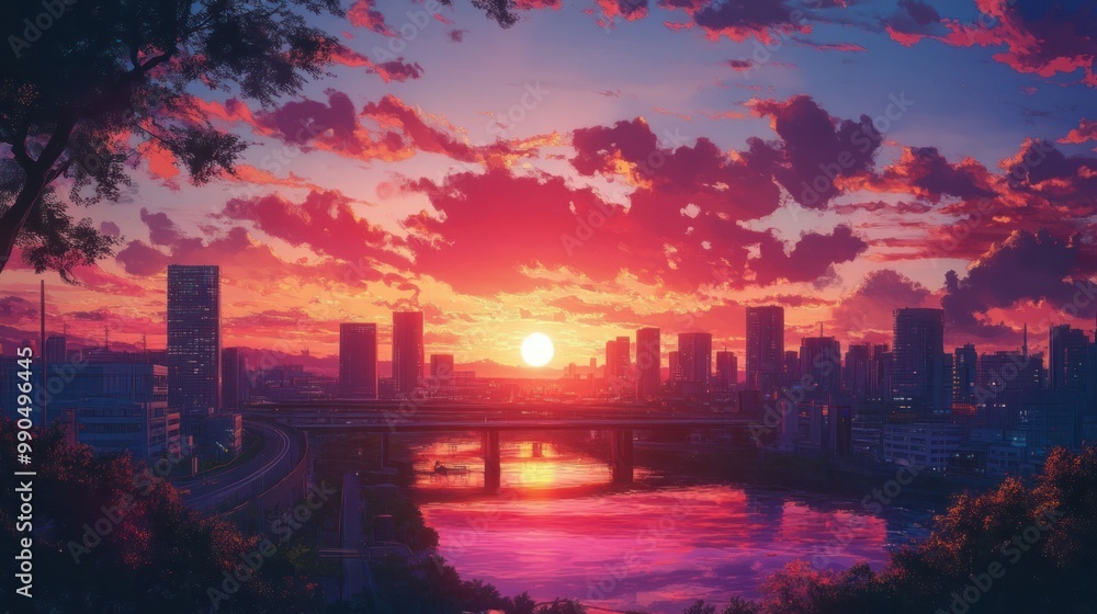 A cityscape at sunset with a bridge and river in the foreground and a colorful sky with clouds reflected in the water. A cityscape at sunset with a bridge and river in the foreground and a colorful sky with clouds reflected in the water.