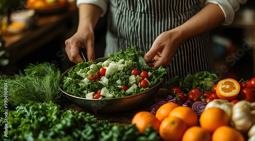 A Person in an Apron Is Preparing Fresh Vegetables and Herbs