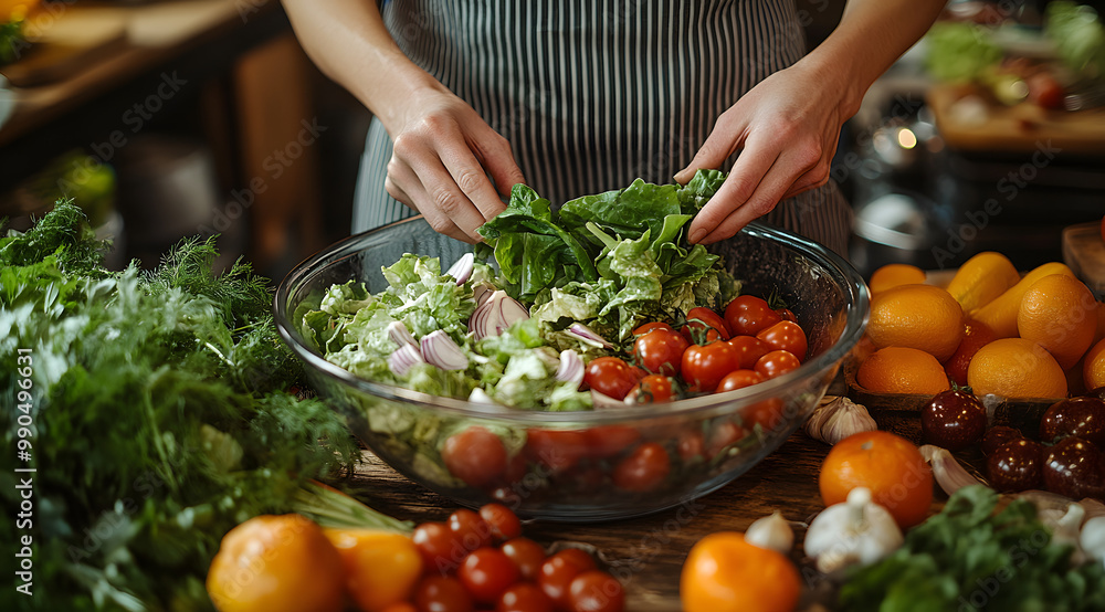 A Person in an Apron Is Preparing Fresh Vegetables and Herbs
A Person in an Apron Is Preparing Fresh Vegetables and Herbs