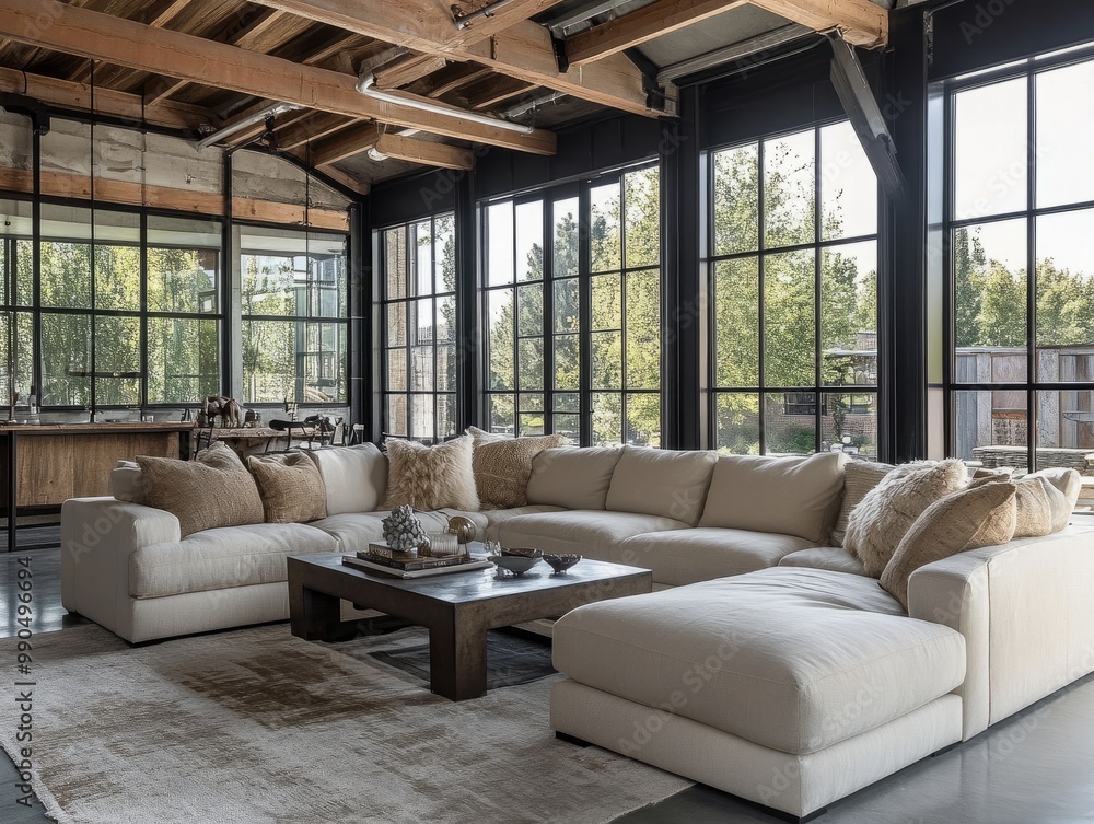 A spacious lounge area with a sectional sofa in muted tones, a metal coffee table, and exposed steel beams. The space is highlighted by large windows and vintage decor pieces A spacious lounge area with a sectional sofa in muted tones, a metal coffee table, and exposed steel beams. The space is highlighted by large windows and vintage decor pieces