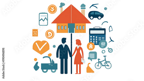 An illustration showing a couple standing under a house as a symbol of family, home, and protection. Surrounding them are various icons representing different aspects of life such as a car,