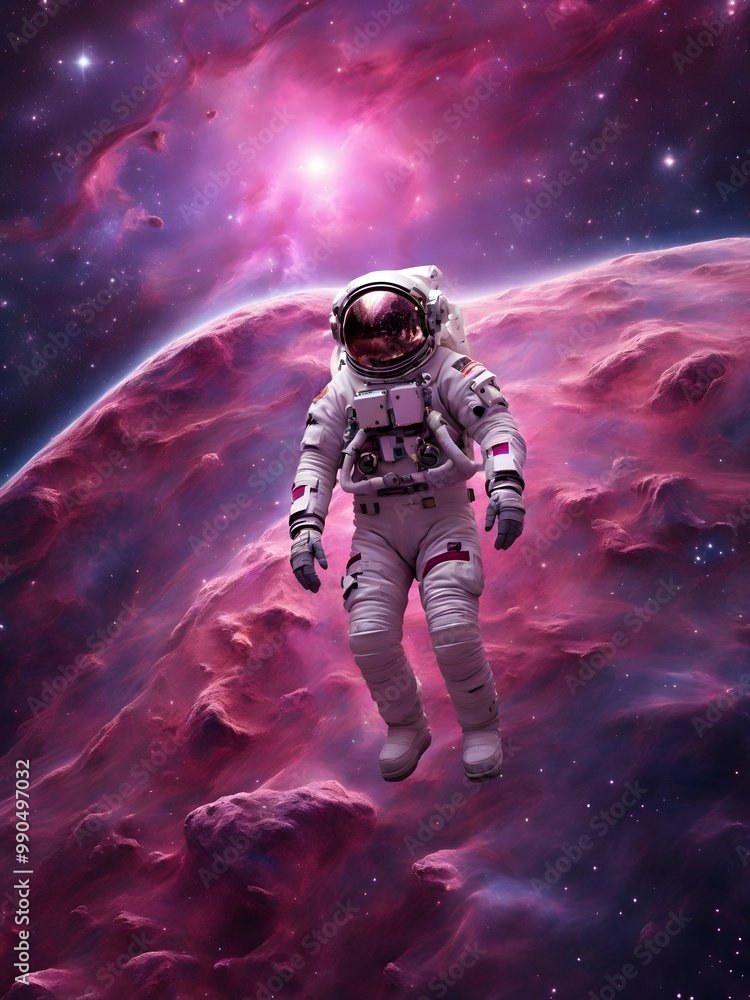 Fototapeta premium Drifting in the Cosmos: Astronaut Amidst a Pink Nebula