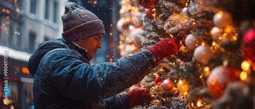 A person decorates a beautifully lit Christmas tree with ornaments in a snowy urban setting, capturing the festive spirit of winter.