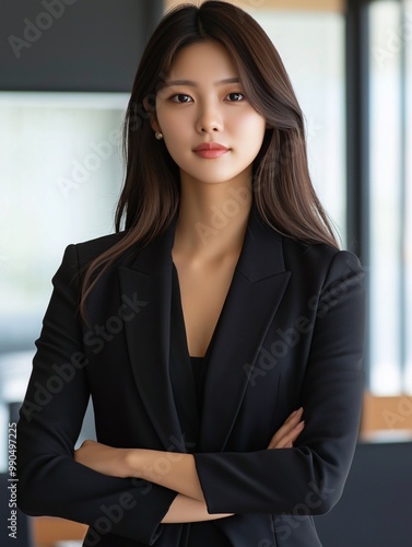 Enterprising and positive Korean business woman standing in office. Free Download Enterprising and positive Korean business woman standing in office. - GFXLoad