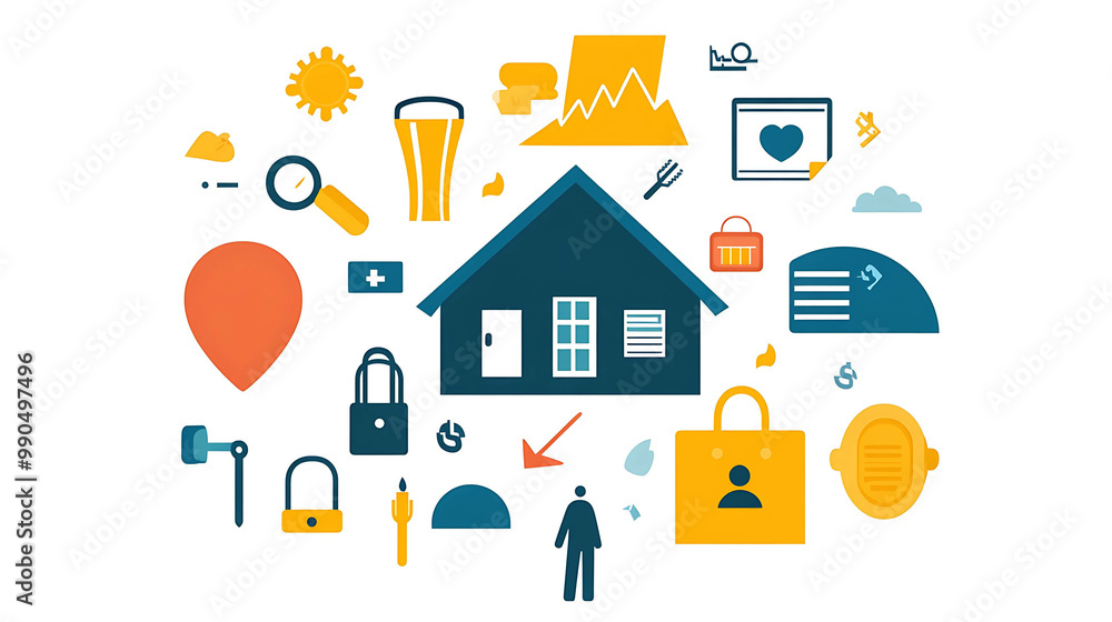 A house surrounded by various icons, representing different aspects of home life.